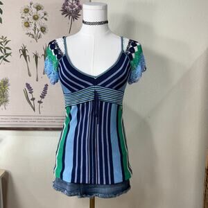 Y2k Striped Crochet Knit Babydoll Top SoCal Preppy Coastal Granddaughter Beach S